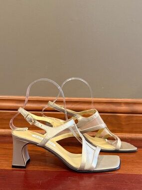Ann Marino Gold Sandal Heels Strappy Square Toe Mesh, Size 8